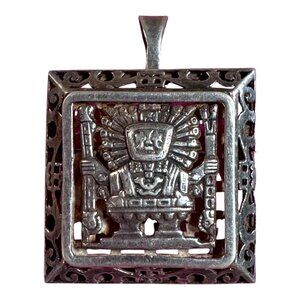 Vintage 925 Sterling Silver Inca Sun God Pendant Brooch Square Frame Tribal